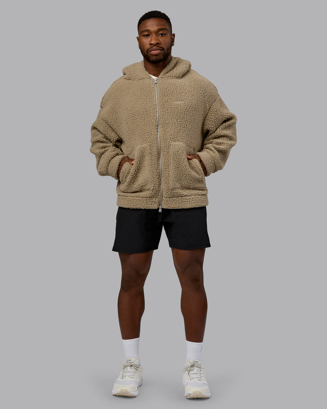Man wearing Sherpa Oversized Jacket - Greige | Model:Sam | Size:L