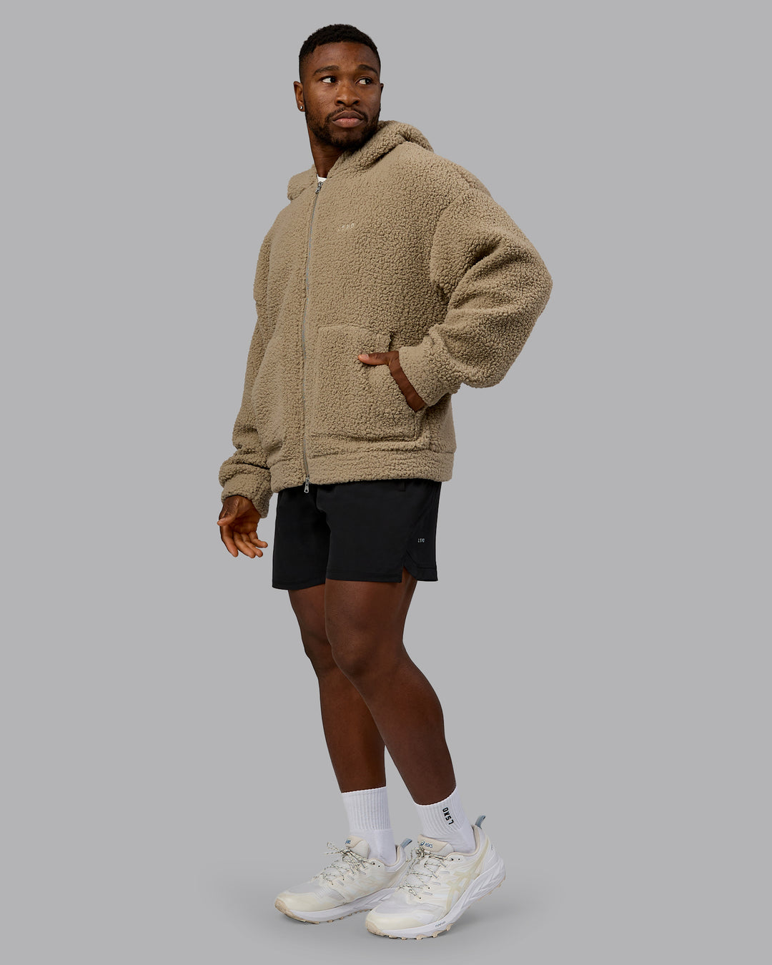 Man wearing Sherpa Oversized Jacket - Greige | Model:Sam | Size:L