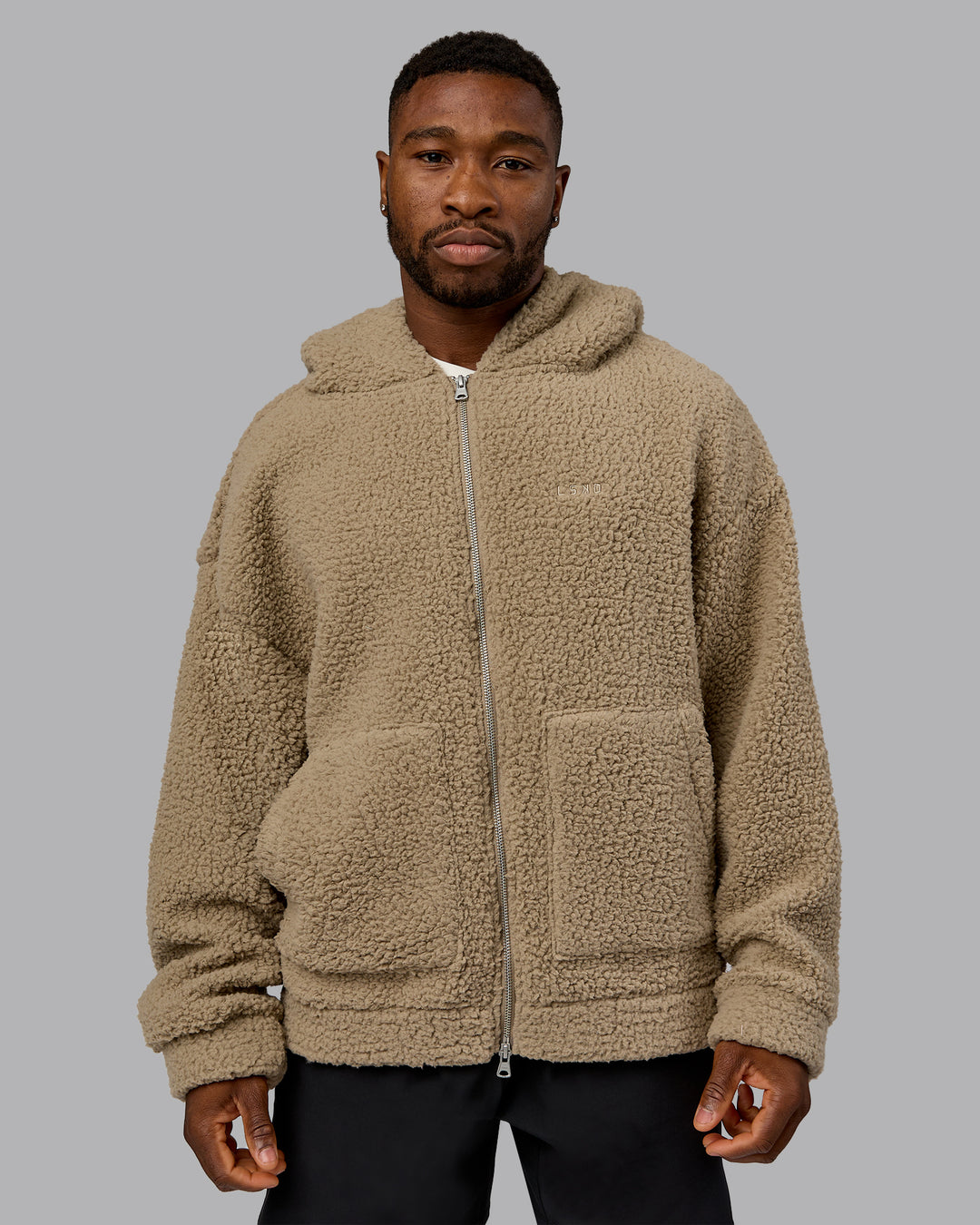 Man wearing Sherpa Oversized Jacket - Greige | Model:Sam | Size:L
