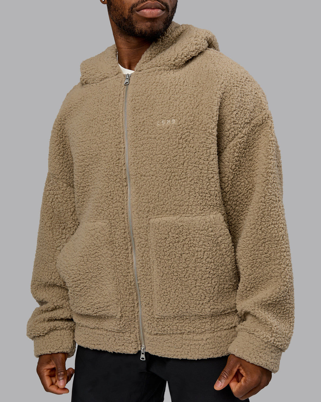 Man wearing Sherpa Oversized Jacket - Greige | Model:Sam | Size:L