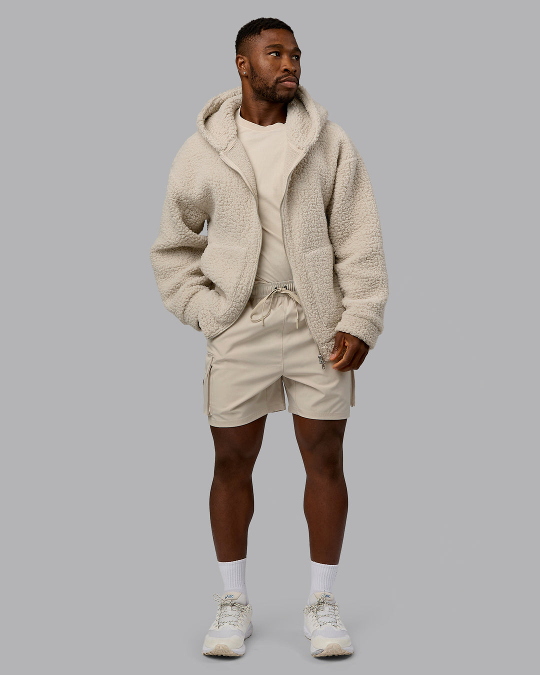 Man wearing Sherpa Oversized Jacket - Shale Beige | Model:Sam | Size:L