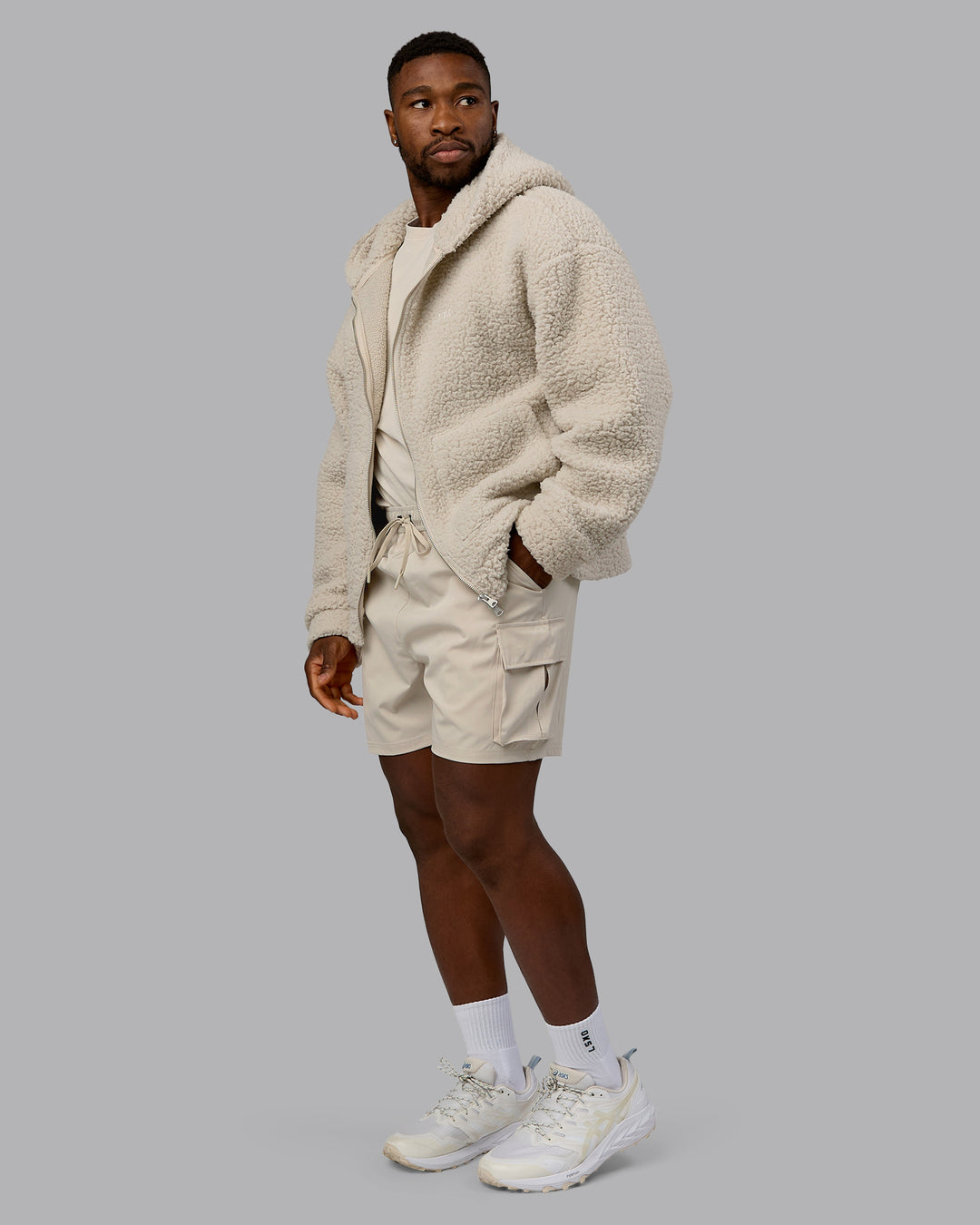 Man wearing Sherpa Oversized Jacket - Shale Beige | Model:Sam | Size:L