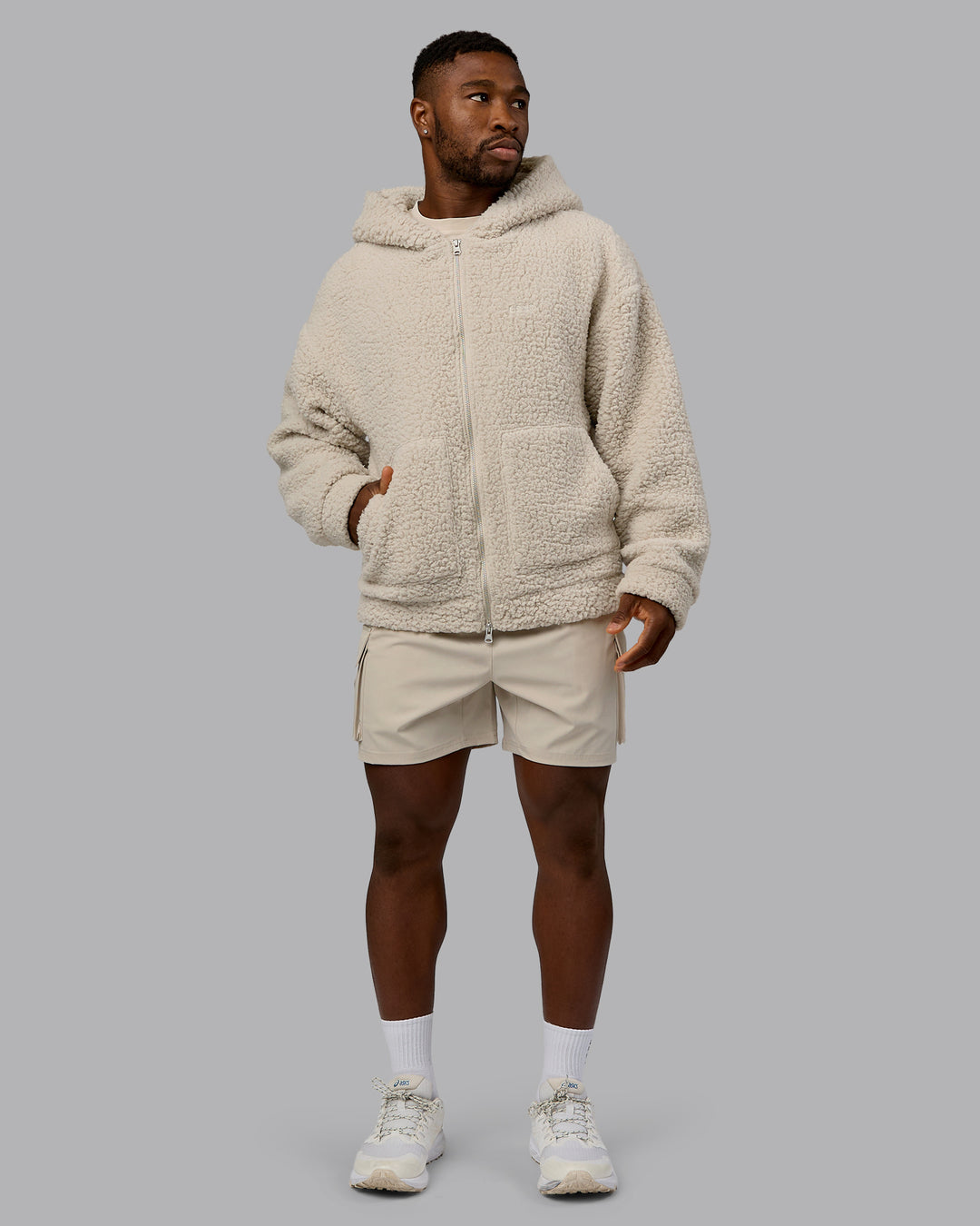 Man wearing Sherpa Oversized Jacket - Shale Beige | Model:Sam | Size:L