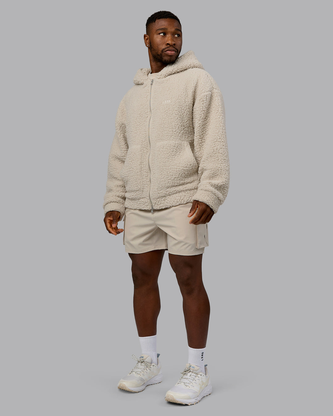Man wearing Sherpa Oversized Jacket - Shale Beige | Model:Sam | Size:L