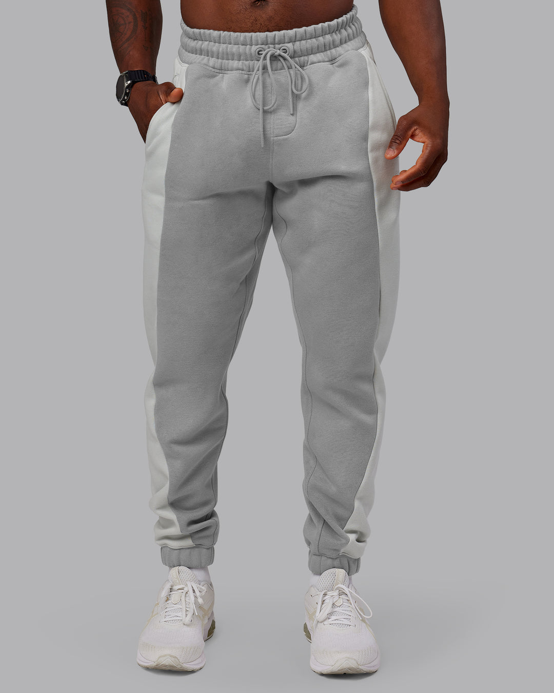 Man wearing Stream Panel Track Pants - Circular Grey-Digital Mist | Model:Sam | Size:L