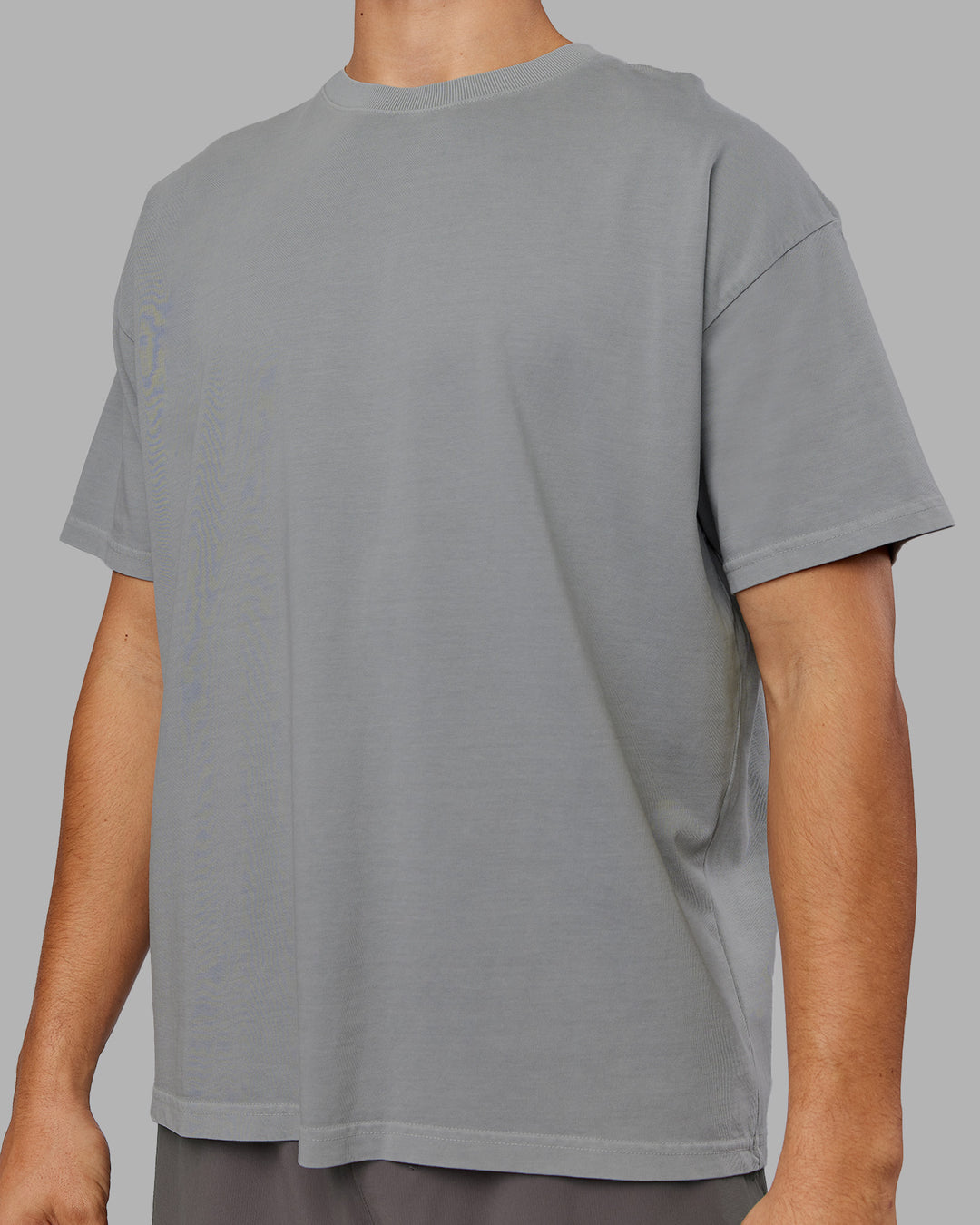 Man wearing Pressure Washed Heavyweight Oversize Tee - Grey-Bubblegum | Model:Jackson | Size:L