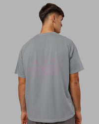 Man wearing Pressure Washed Heavyweight Oversize Tee - Grey-Bubblegum | Model:Jackson | Size:L