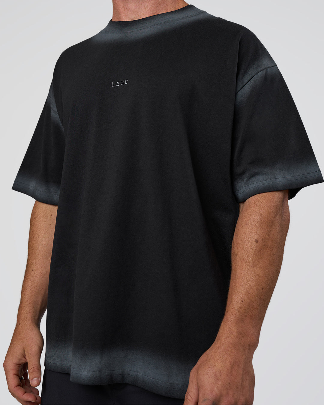Man wearing Urban Blur Heavyweight Unisex Oversized Tee - Black-Dark Storm | Model:Adam | Size:L