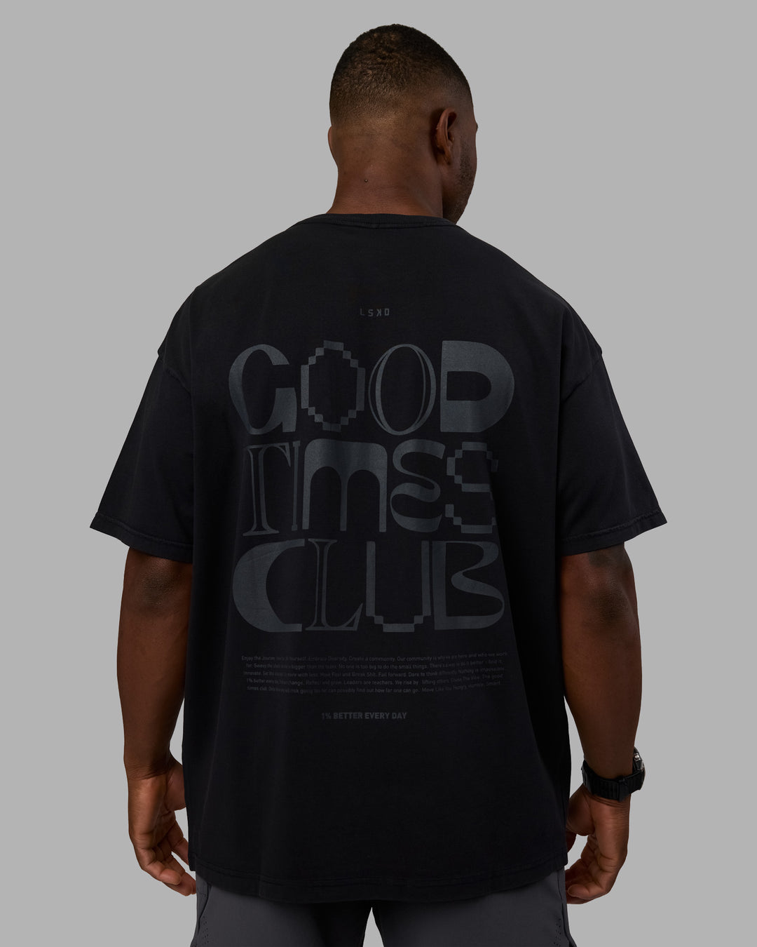 Man wearing Variation Heavyweight FLXCotton Oversized Tee - Black-Black | Model:Sam | Size:L