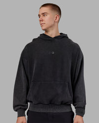 Man wearing Variation Washed Oversized Hoodie - Black-Black | Model:Tom | Size:L