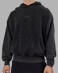 Man wearing Variation Washed Oversized Hoodie - Black-Black | Model:Tom | Size:L