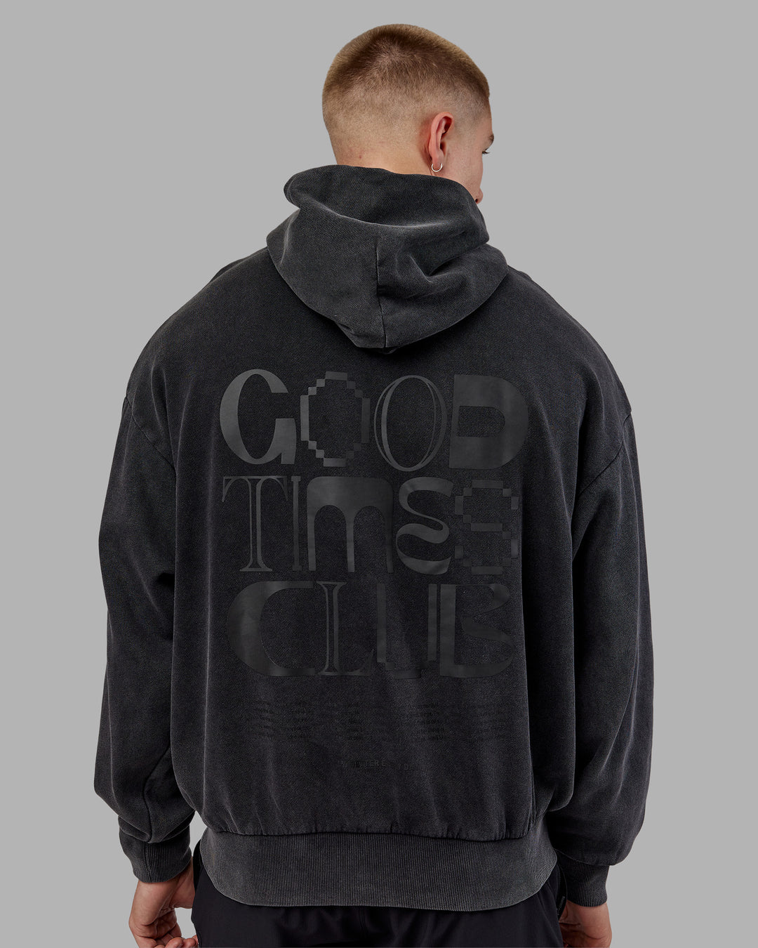 Man wearing Variation Washed Oversized Hoodie - Black-Black | Model:Tom | Size:L