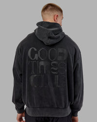 Man wearing Variation Washed Oversized Hoodie - Black-Black | Model:Tom | Size:L