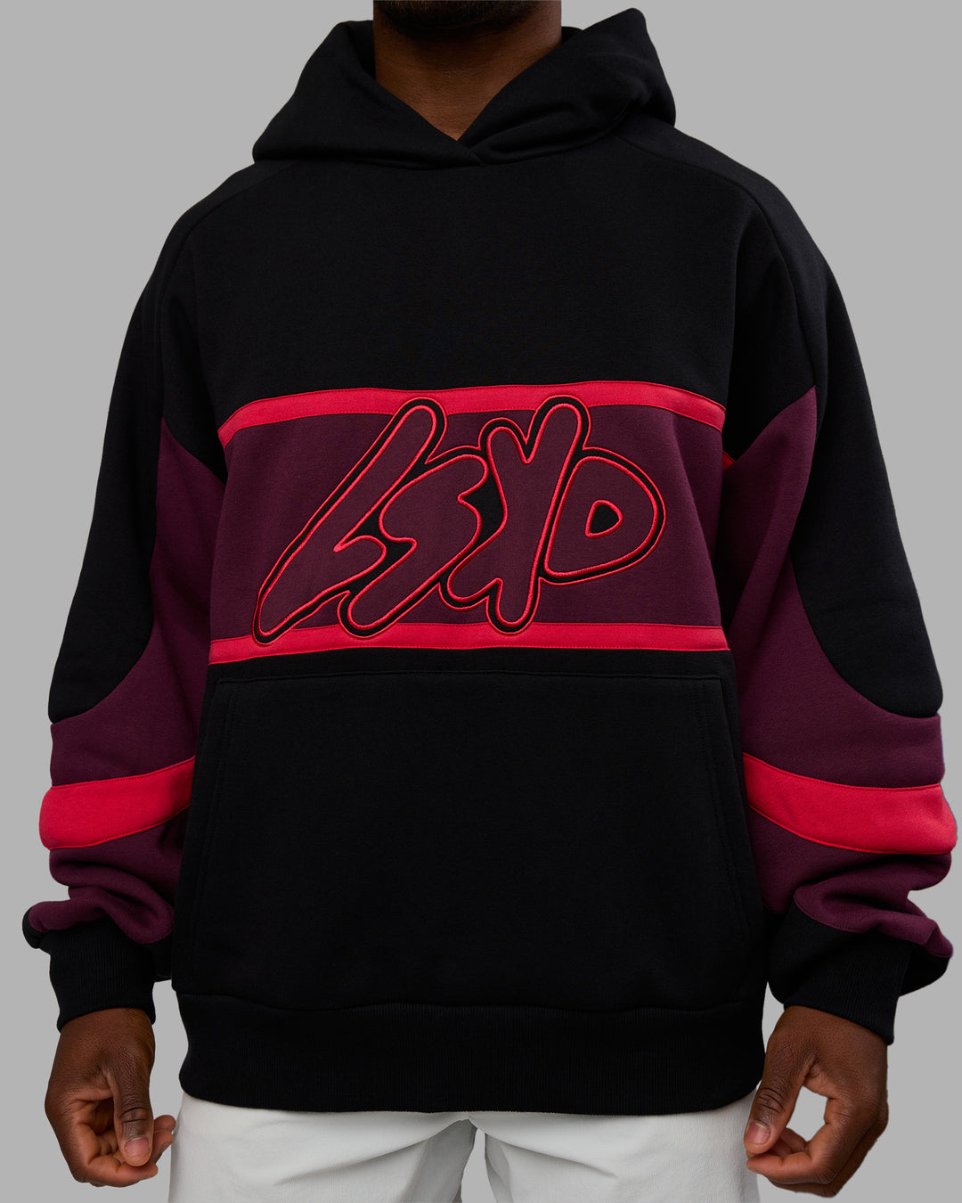 Man wearing Vibe Oversized Unisex Hoodie - Black-Cherry Lacquer | Model:Sam | Size:L - view 10
