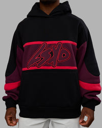 Man wearing Vibe Oversized Unisex Hoodie - Black-Cherry Lacquer | Model:Sam | Size:L | Thumbnail Index: 9