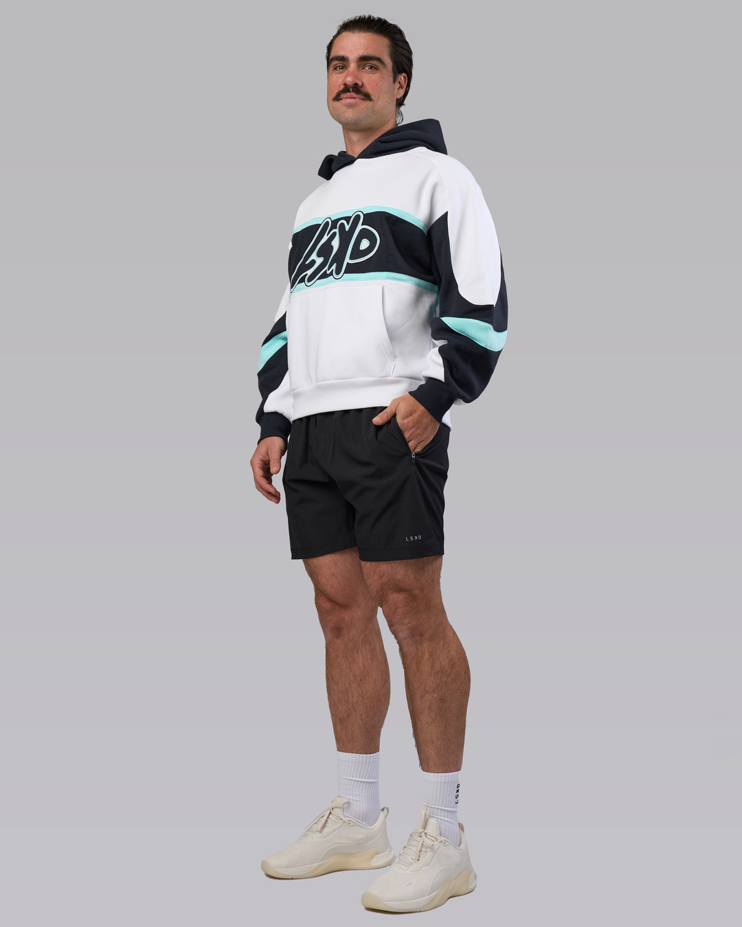 Man wearing Vibe Oversized Unisex Hoodie - White-Island Paradise | Model:Adam | Size:L
