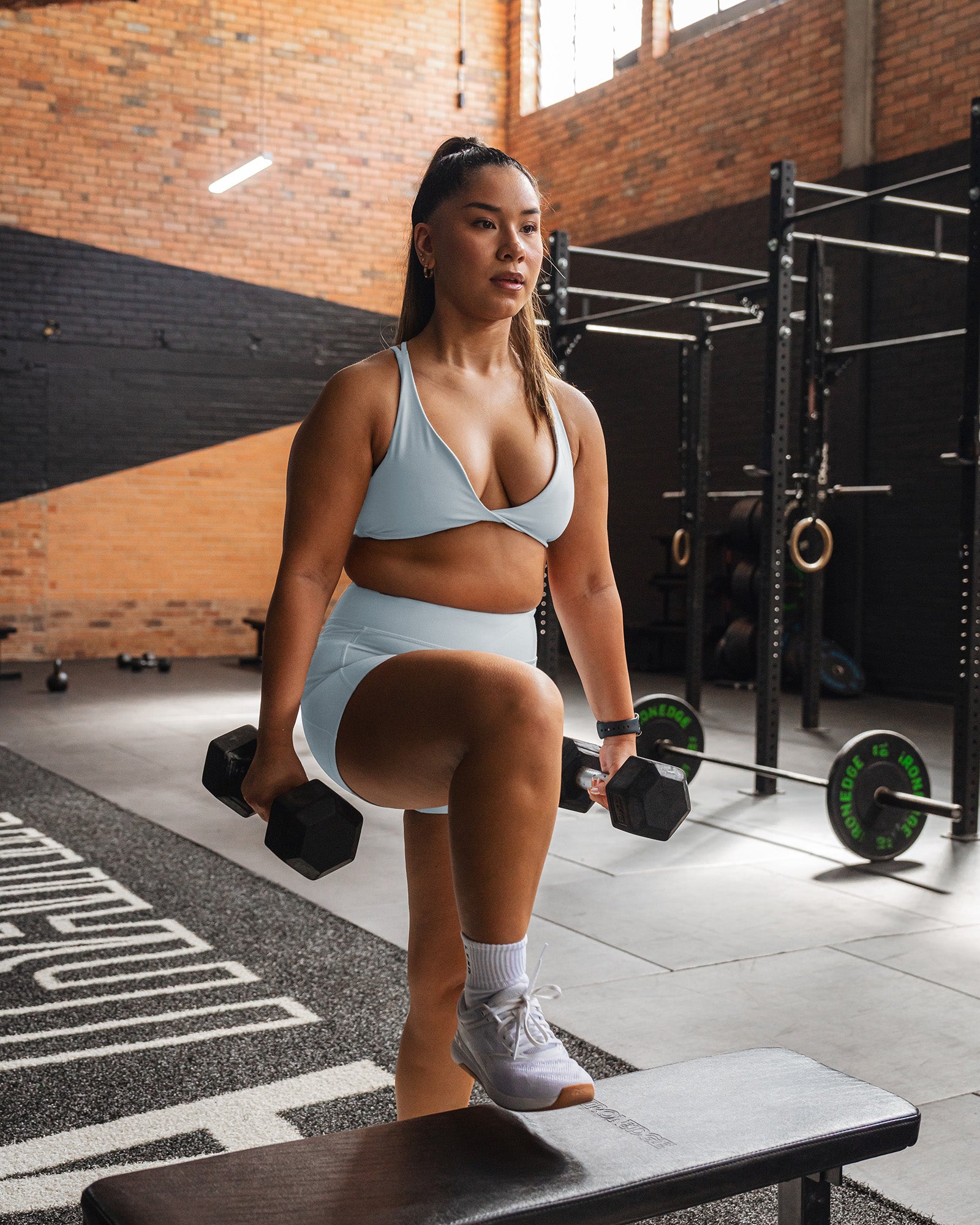 Woman wearing Agile Sports Bra - Skyride | Model:Gloria | Size:M