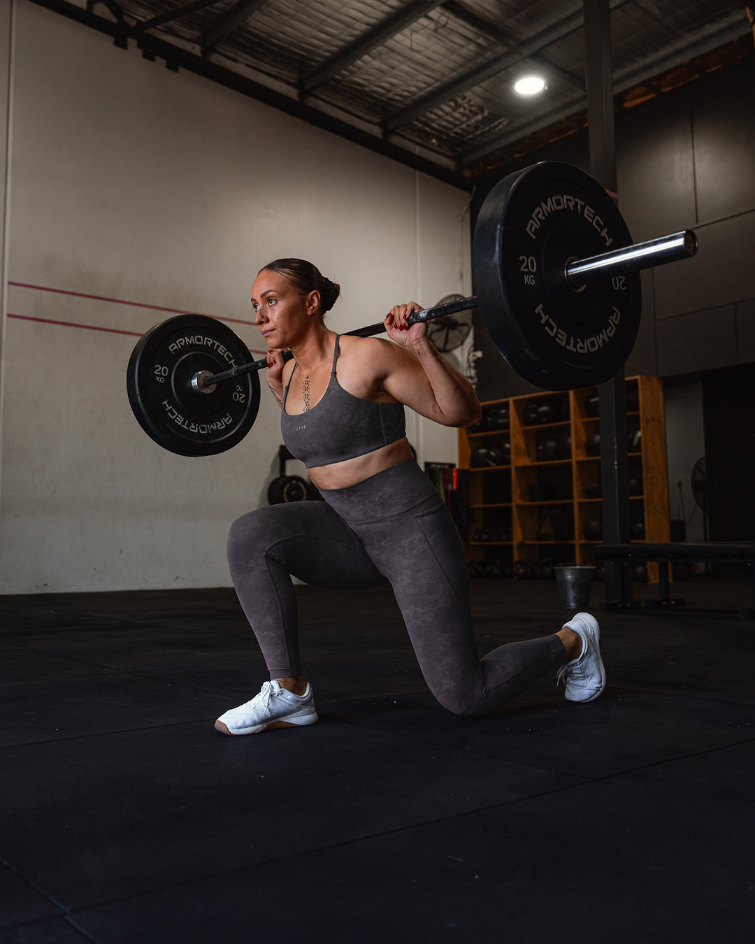 Woman wearing Elixir Ultra High-Rise Full Length Legging Pockets - Dark Storm Wash | Model:Tiare | Size:M