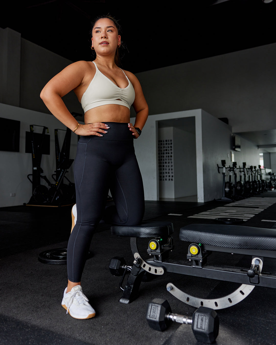 Woman wearing Essence Sports Bra - Shale Beige | Model:Gloria | Size:M