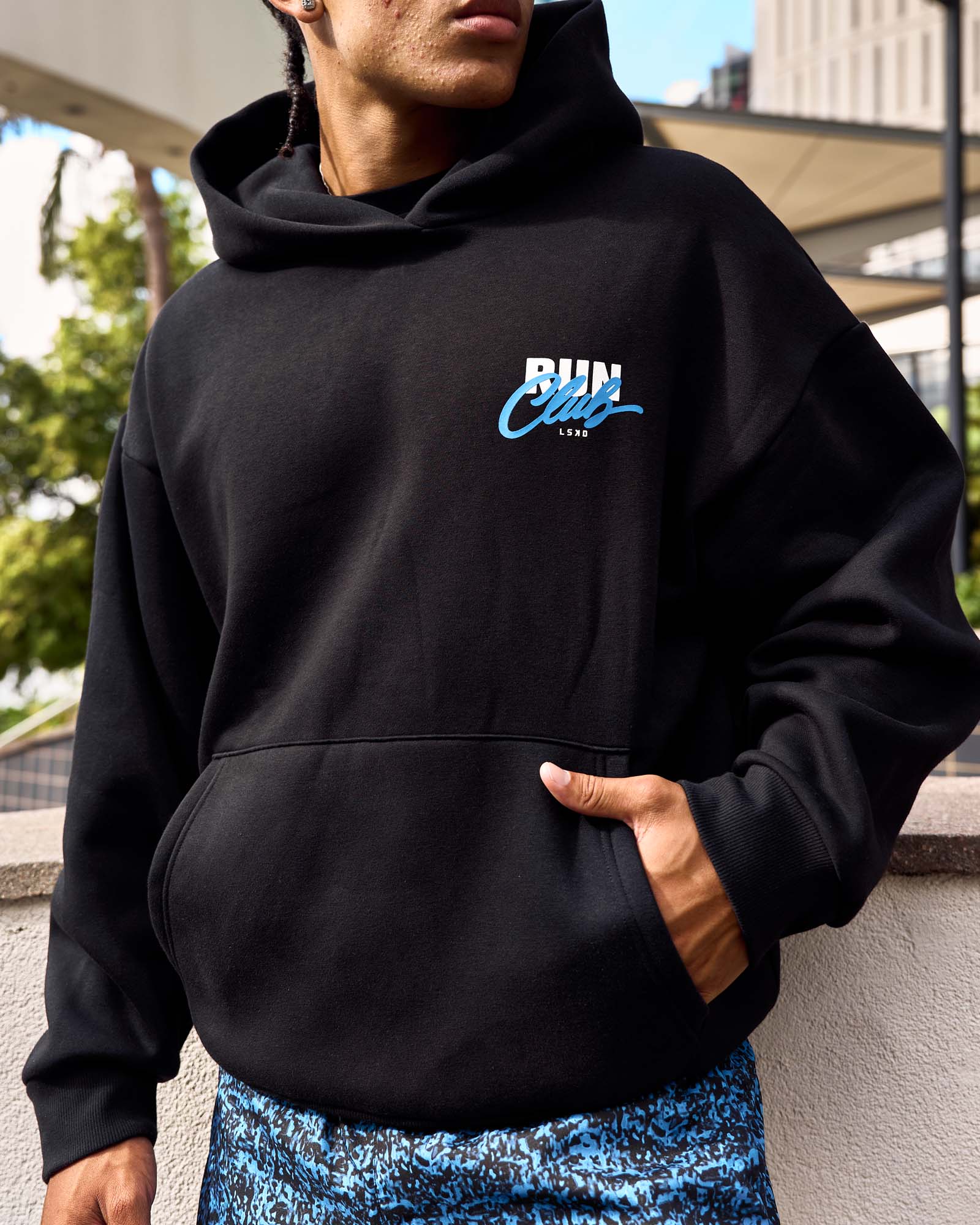 Run Club Script Oversized Hoodie - Black-Palace Blue | LSKD