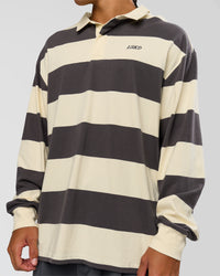 Man wearing Clubhouse Unisex Rugby Polo - Off White-Grey | Model:Malebo | Size:M
