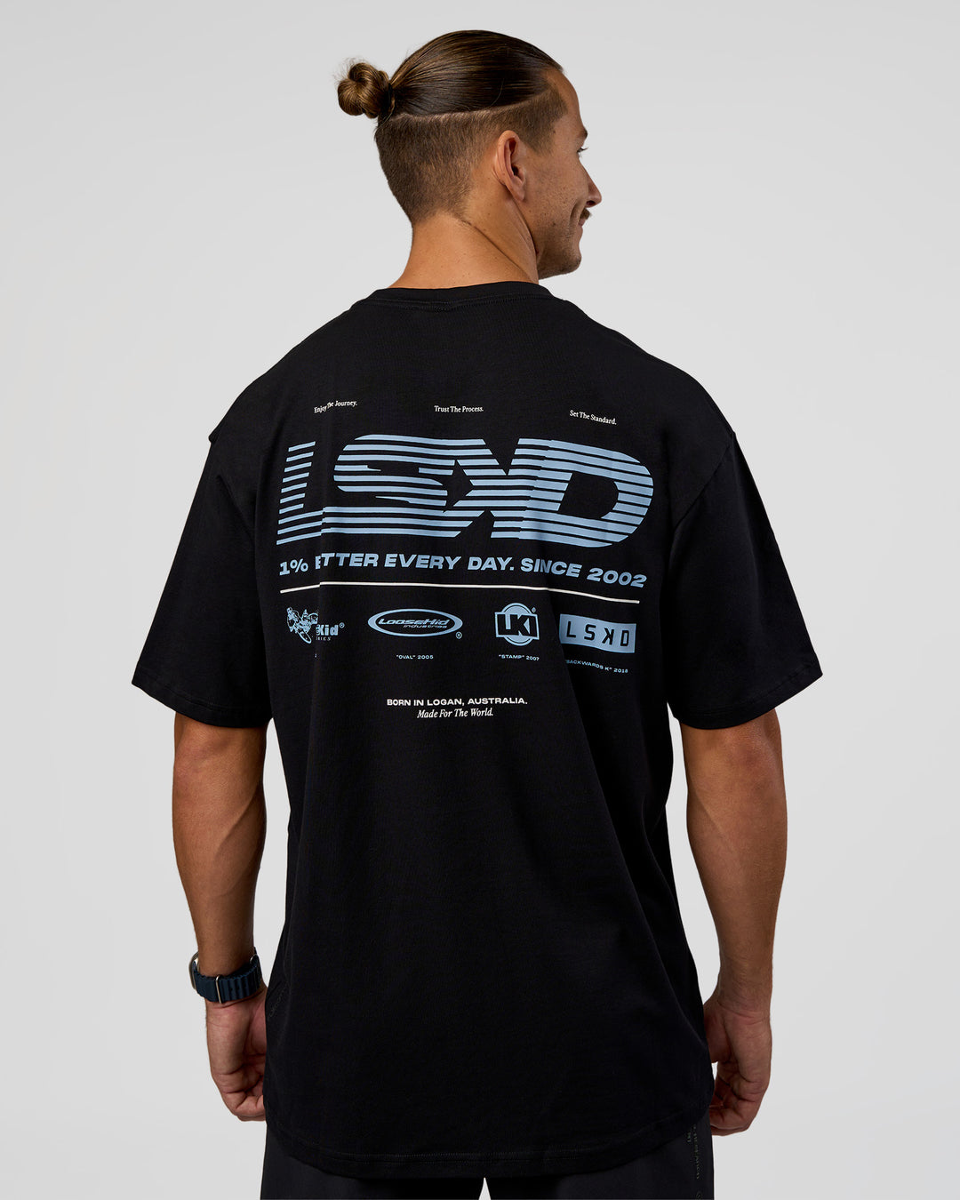 Man wearing Archive FLXCotton Oversized Tee - Black-Open Air | Model:Jaiden | Size:M