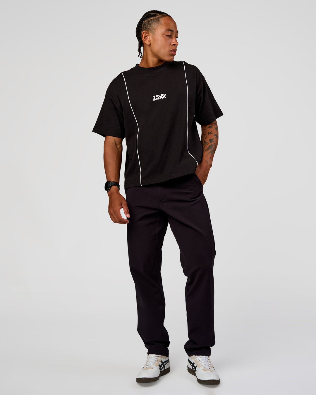 Man wearing Axis Heavyweight Oversized Boxed Tee - Black-White | Model:Malebo | Size:M