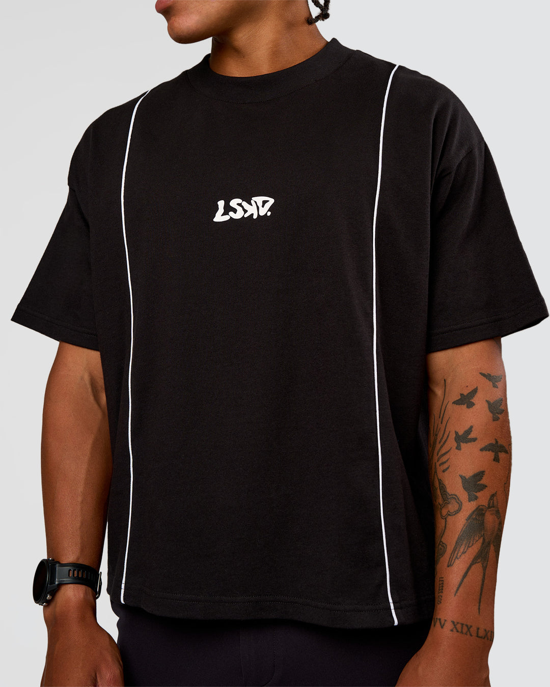 Man wearing Axis Heavyweight Oversized Boxed Tee - Black-White | Model:Malebo | Size:M