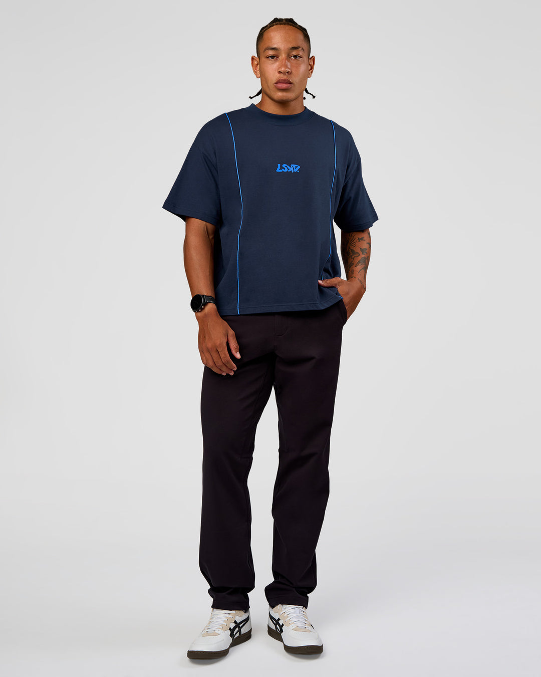 Man wearing Axis Heavyweight Oversized Boxed Tee - Future Navy-Palace Blue | Model:Malebo | Size:M