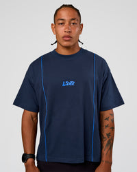 Man wearing Axis Heavyweight Oversized Boxed Tee - Future Navy-Palace Blue | Model:Malebo | Size:M