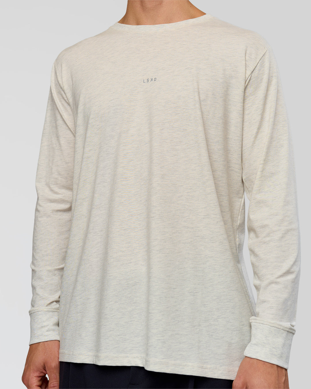Man wearing Base FLXCotton Long Sleeve Tee in Silver Marl | Model:Albert | Size:M - view 5
