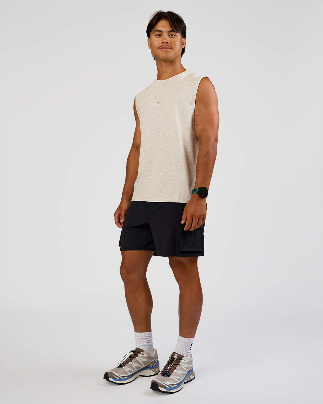 Man wearing Base Heavyweight FLXCotton Tank Regular Fit -8cm - Silver Marl | Model:George | Size:M