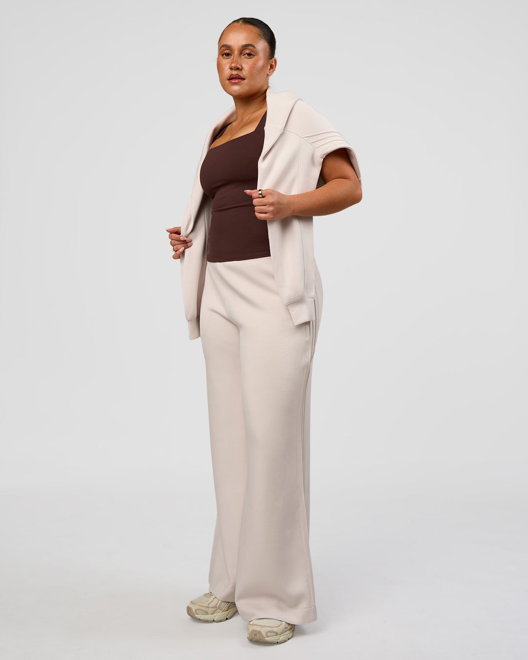 Woman wearing CF Elevate SoftTouch Pintuck Sweater  - Clay | Model:Simmy | Size:M