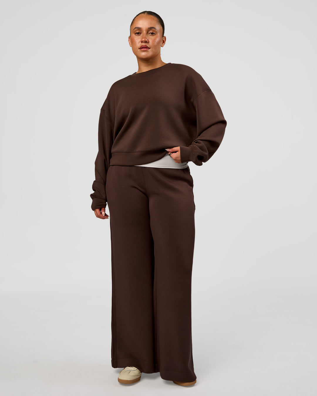 Woman wearing CF Elevate SoftTouch Pintuck Sweater - Hot Chocolate | Model:Simmy | Size:M