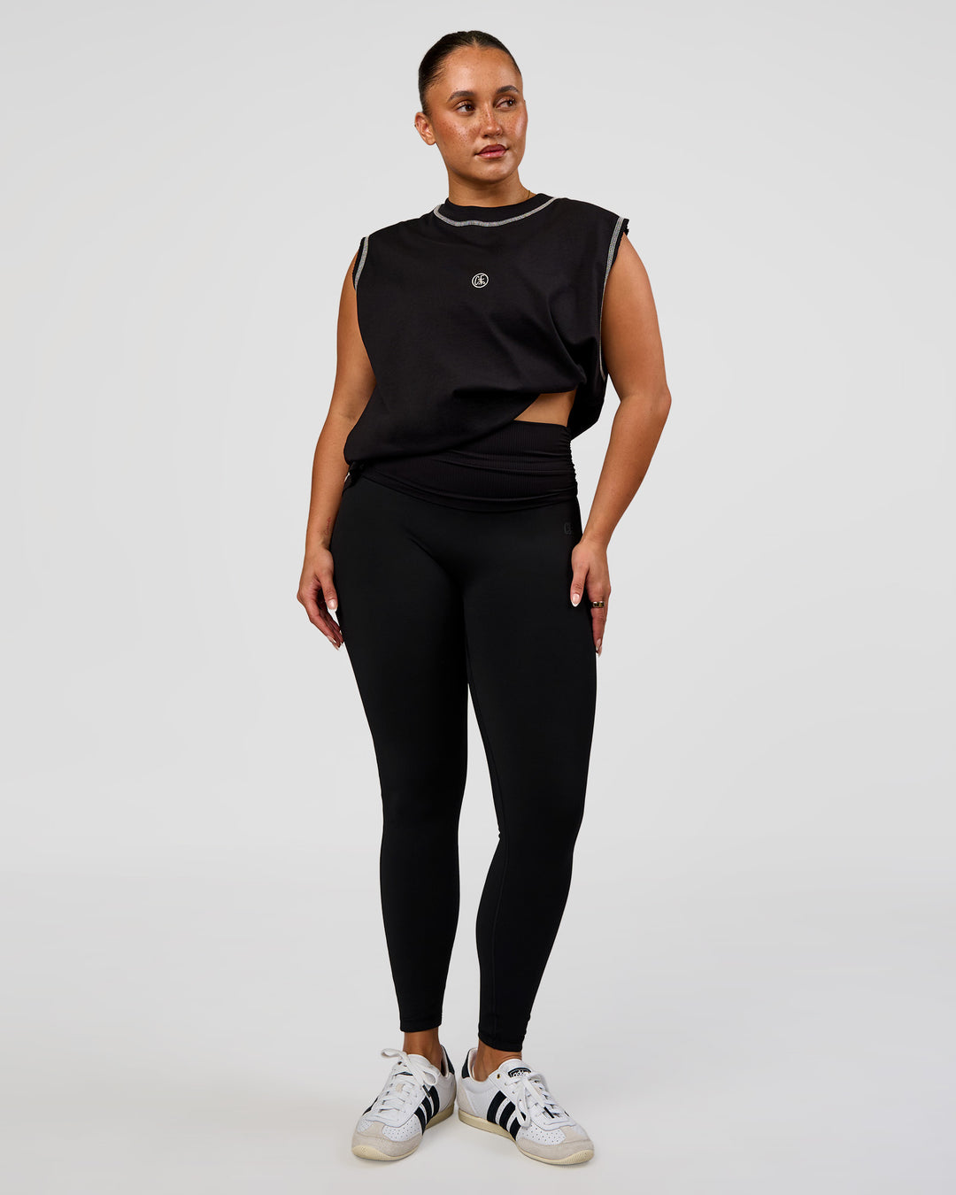 Model wearing CF Fold Over High-Rise Full Length Legging - Black | Model:Simmy | Size:M - view 1