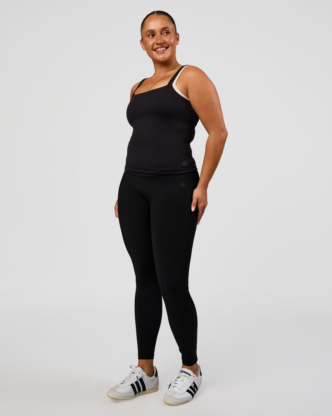 Woman wearing CF Move Through It Rib Tank - Black | Model:Simmy | Size:M