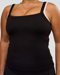 Woman wearing CF Move Through It Rib Tank - Black | Model:Simmy | Size:M