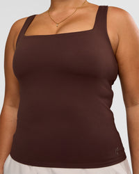 Woman wearing CF Train Hard Shelf Bra Tank - Hot Chocolate | Model:Simmy | Size:M