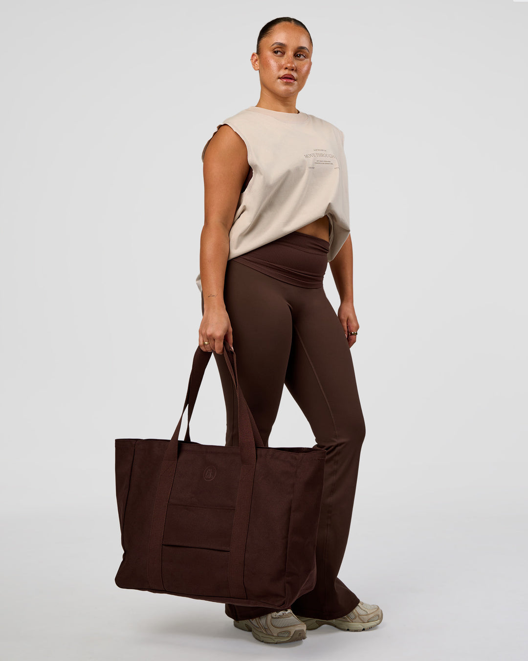 Woman wearing CF Unisex Oversized Heavyweight Boxed Tank - Clay-CF Move Through It | Model:Simmy | Size:M
