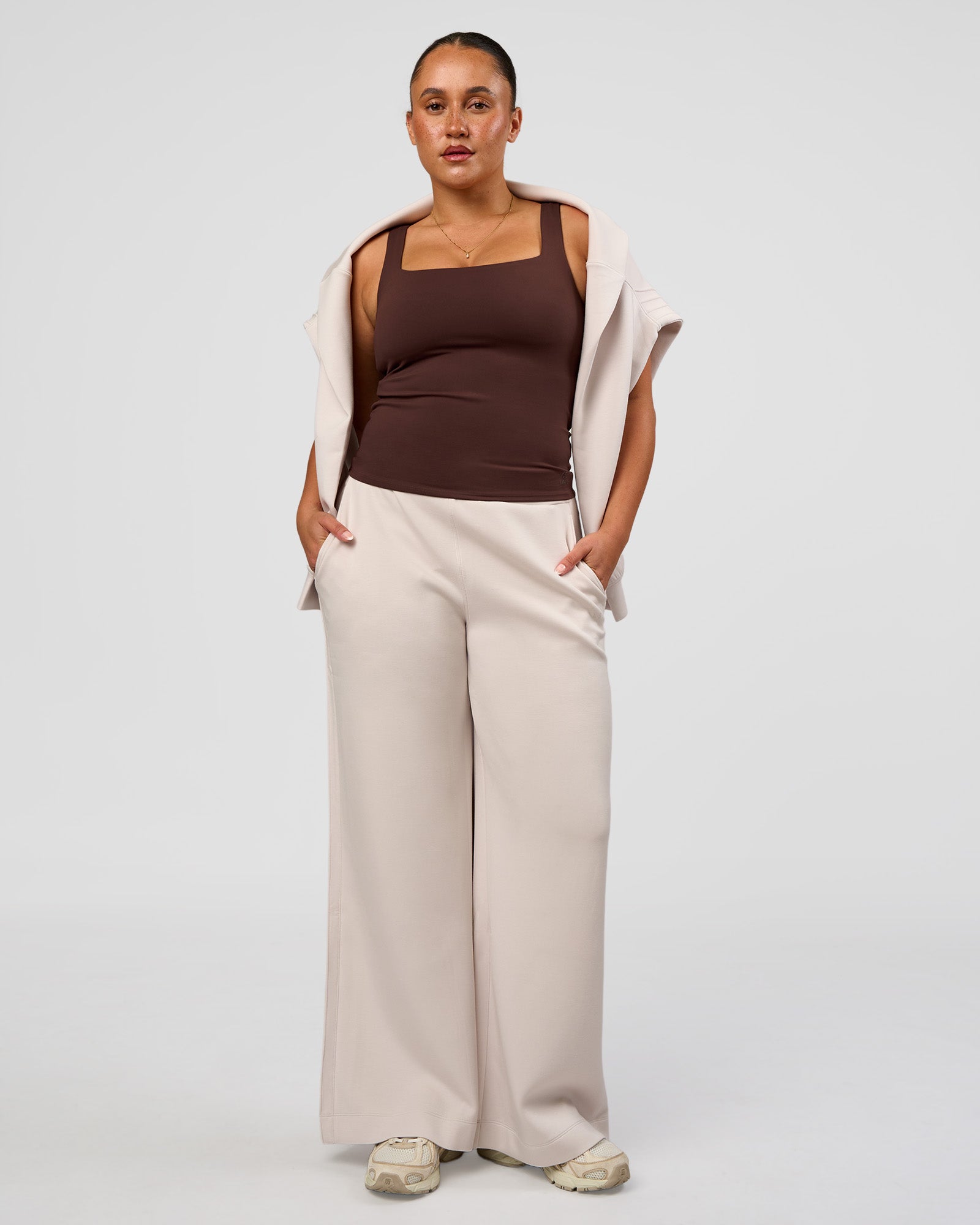Woman wearing CF Elevate SoftTouch Pintuck Wide Leg Pant - Hot Chocolate | Model:Simmy | Size:M
