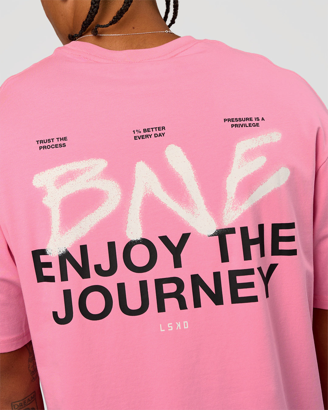 Man wearing CFT BNE 26 FLXCotton Oversized Tee in Candy Pink | Model:Malebo | Size:M