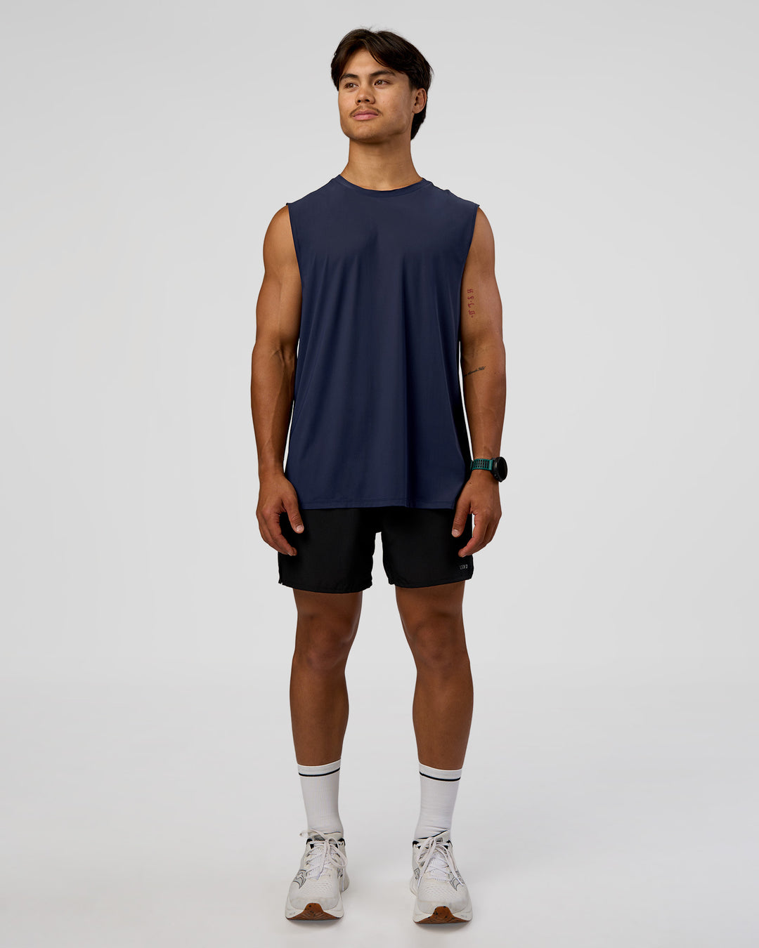 Man wearing Cadence MicroMotion Muscle Tank - Future Navy-Alloy | Model:George | Size:M
