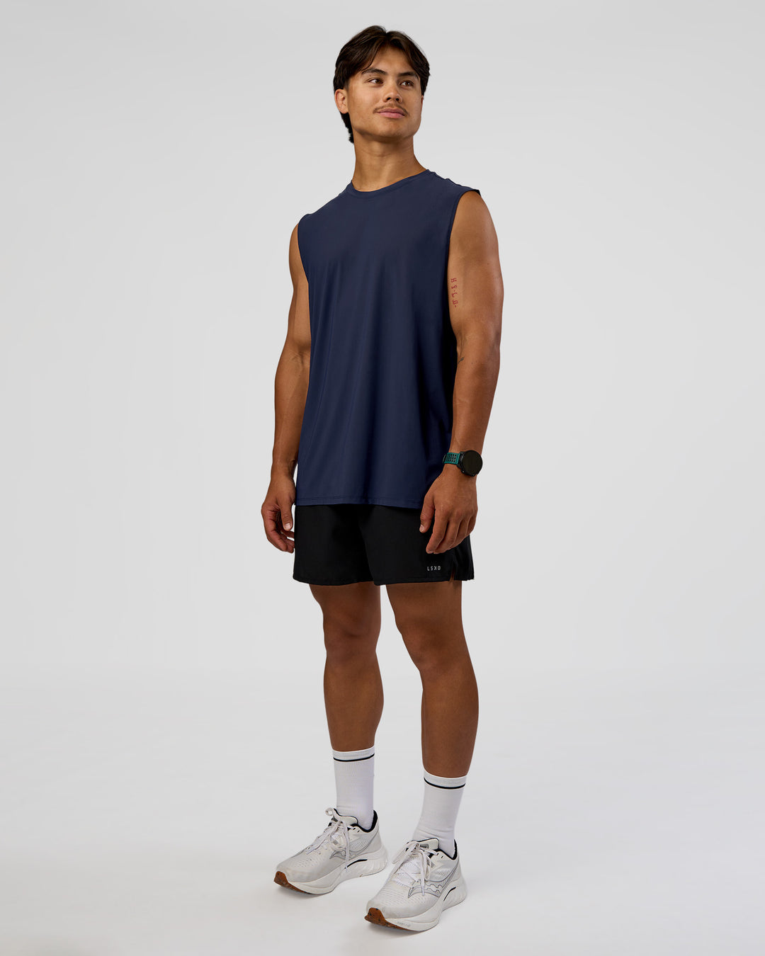 Man wearing Cadence MicroMotion Muscle Tank - Future Navy-Alloy | Model:George | Size:M