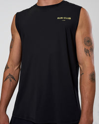 Man wearing Cadence RUN CLUB Muscle Tank - Black-Yellow Fizz | Model:Konnor | Size:M