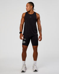 Man wearing Cadence Run Club Script Values Tank - Black-Alloy | Model:Malebo | Size:M