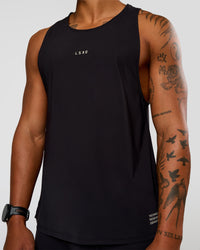 Man wearing Cadence Run Club Script Values Tank - Black-Alloy | Model:Malebo | Size:M