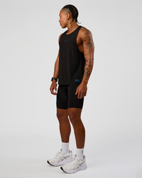 Man wearing Cadence Run Club Script Values Tank - Black-Palace Blue | Model:Malebo | Size:M