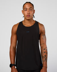 Man wearing Cadence Run Club Script Values Tank - Black-Palace Blue | Model:Malebo | Size:M