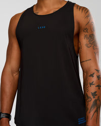 Man wearing Cadence Run Club Script Values Tank - Black-Palace Blue | Model:Malebo | Size:M