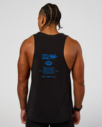 Man wearing Cadence Run Club Script Values Tank - Black-Palace Blue | Model:Malebo | Size:M